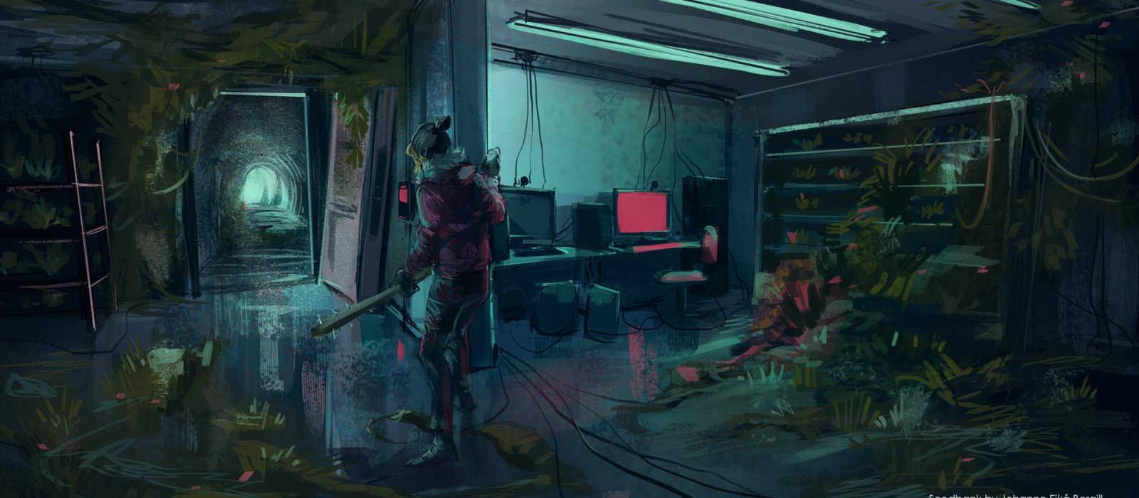 Digital illustration underground tunnel with computers and plant growth. Girl holding baseball bat with spikes.