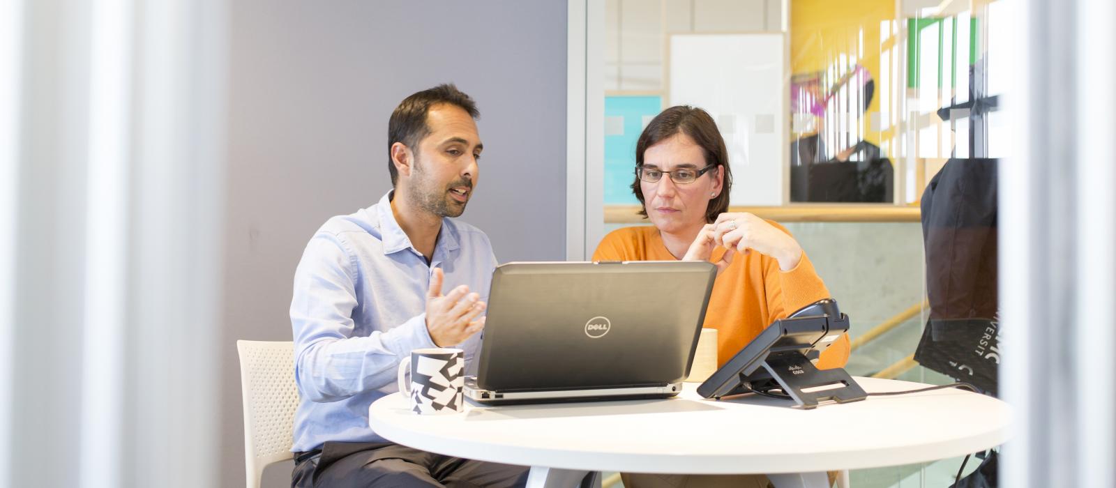 Staff looking at a laptop and gesturing with hand.