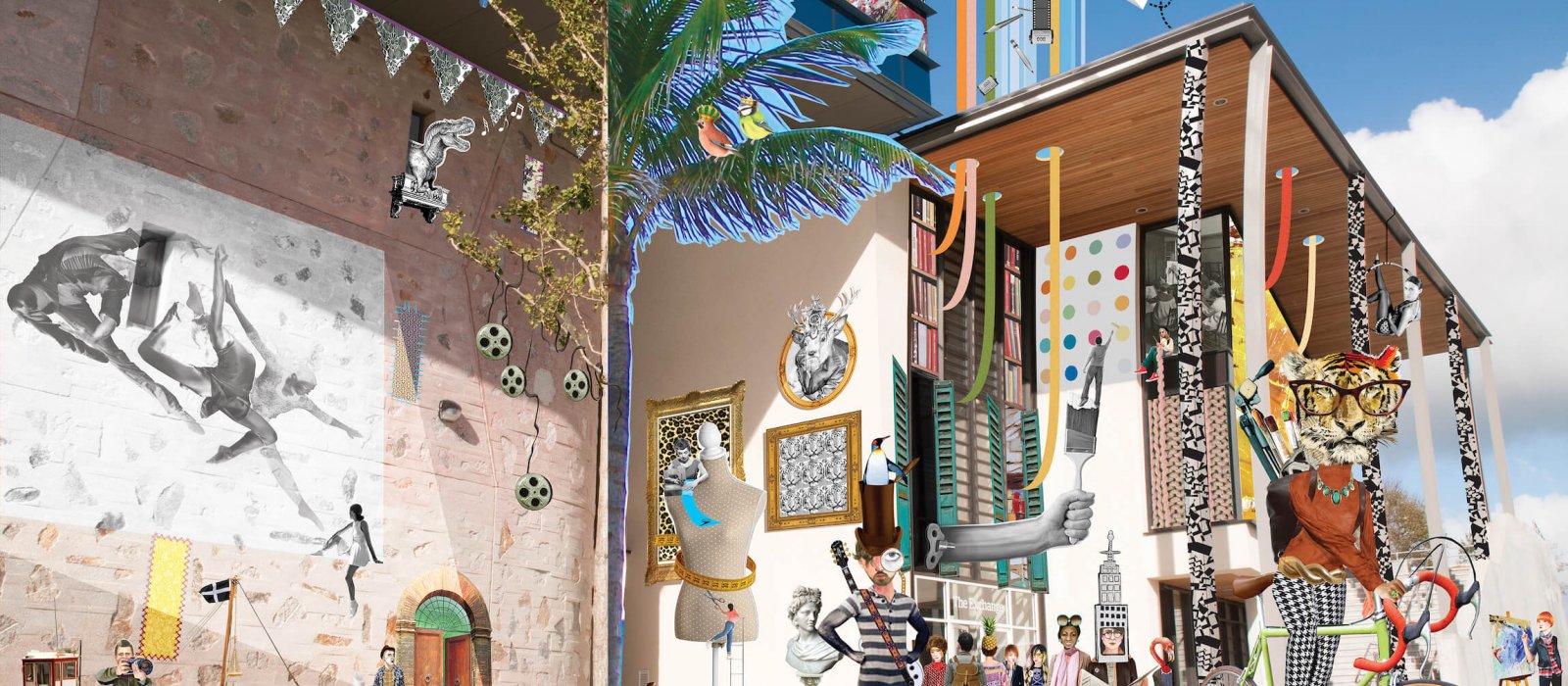 Collage of people and animals outside a building