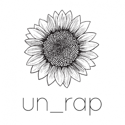 un_wrap logo - a black and white pencil drawing of a flower with 'un_wrap' written underneath