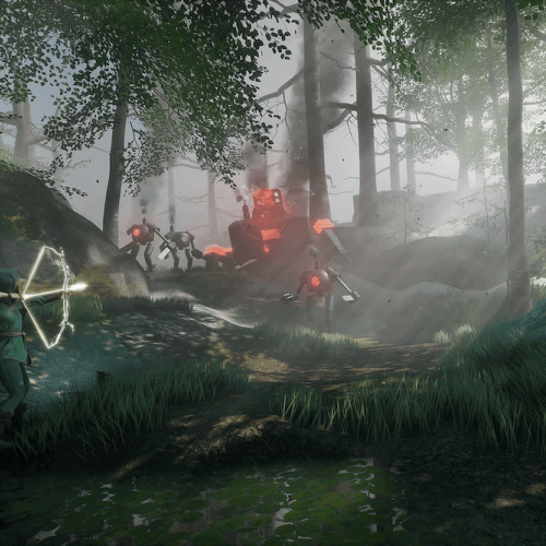 Animation still of a person shooting a bow and arrow at robots in the woods