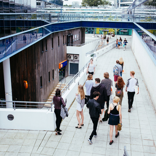 Group of students on walkway at Penryn campus.
