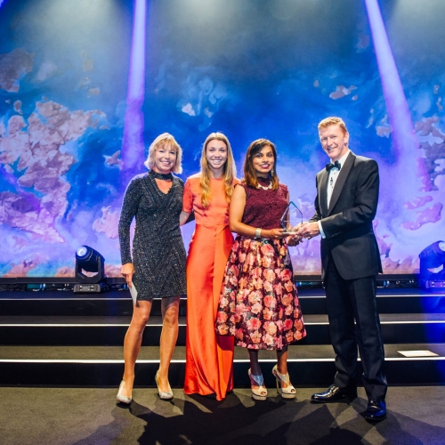Data Duopoly with Tim Peake Three women and a man at an awards ceremony