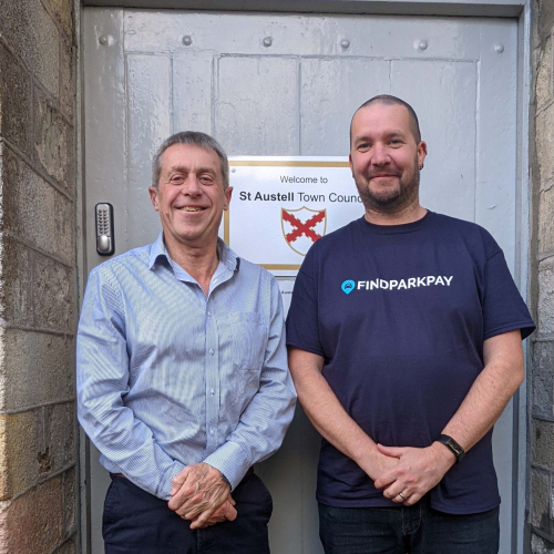 David And Tim Launchpad David Pooley from St Austell Town Council and FindParkPay founder Tim Macknelly