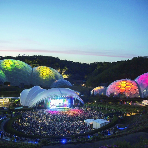 Eden Sessions. Photo by Ben Foster. Aerial view of Eden's domes lit up during an Eden Session's event.
