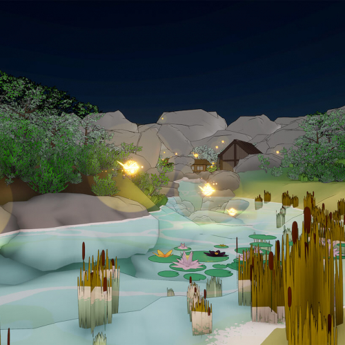 Still from a student game of a pond, reeds and rocks