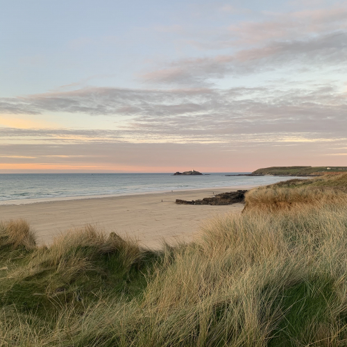Godrevy beach with grass in the foreground and the sun setting in the background