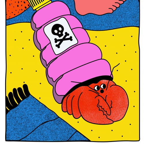 Illustration of hairy legs and a plastic bottle with a lobster coming out