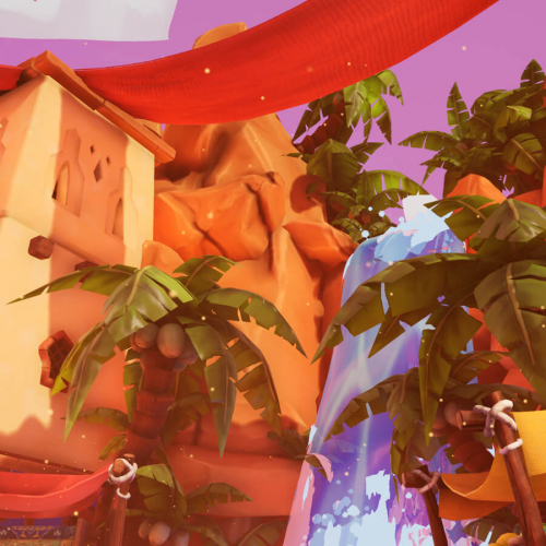 A still from a student game of palm trees and a waterfall