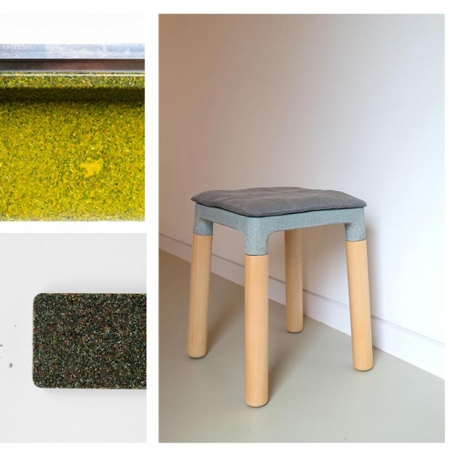 Montage of images of a stool and materials