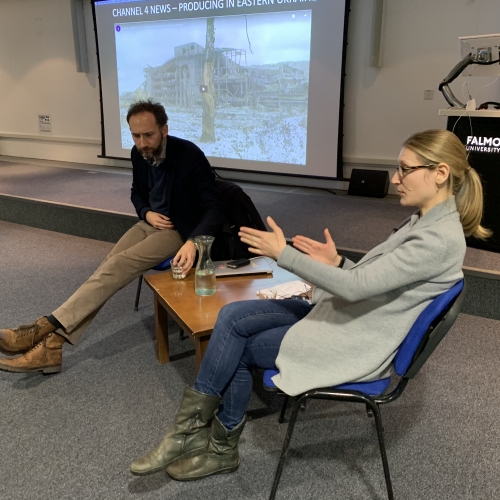 Journalism Masterclass - Journalists Roland and Albina speaking with journalism students