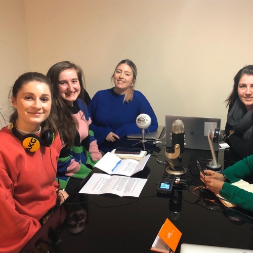 Group of women recording a podcast