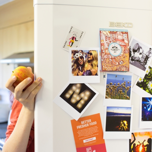 Hand with apple holding open fridge door with photos on it.