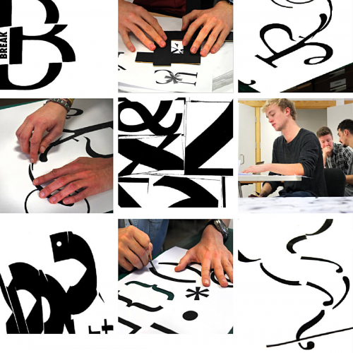 Collage of black and white typography created in workshop at Falmouth University