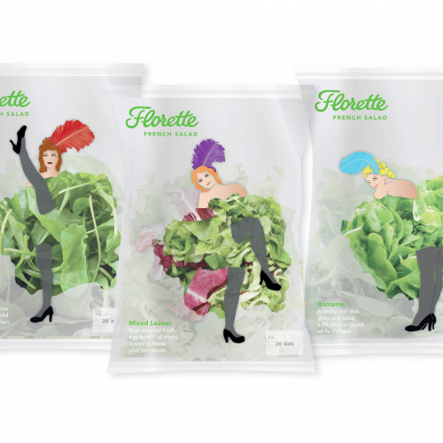Salad bags with can can dancers on and salad for skirts.