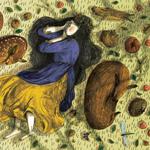 Illustration of girl and woodland animals curled up and sleeping among leaves and toadstools.