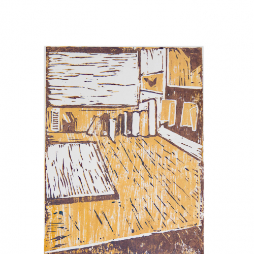 Linocut print in yellow and brown of room interior with books