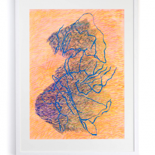 framed drawing of blue lines on an orange lined background