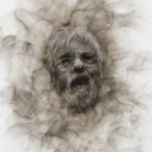 Detailed drawing of bearded man with mouth open and smokey effect framing his face