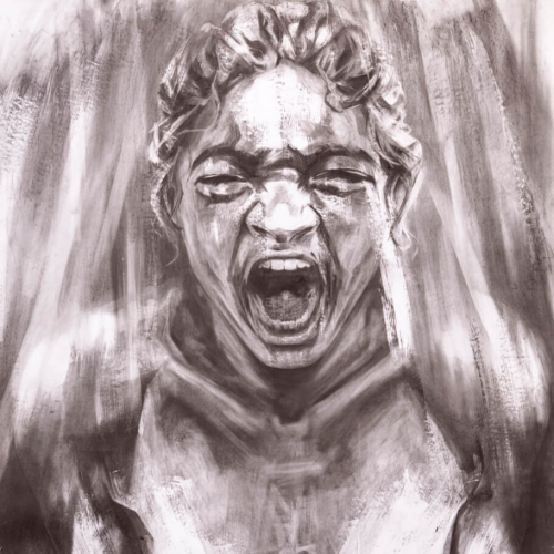 Drawing of naked female from waist up with contorted hands and screaming face.