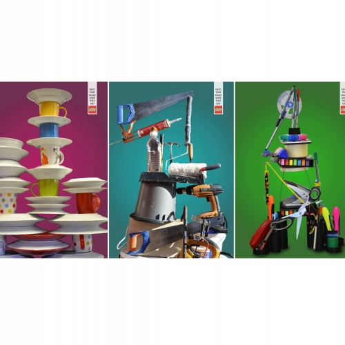 Piles of household items set on various coloured backgrounds for Lego advert.