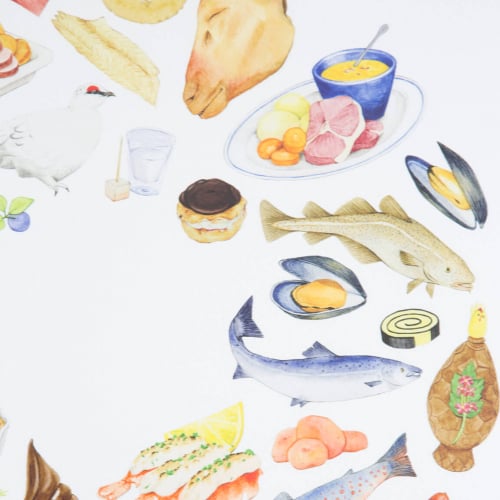 Colourful illustration of various foods including fish, ice-cream, hot dog.