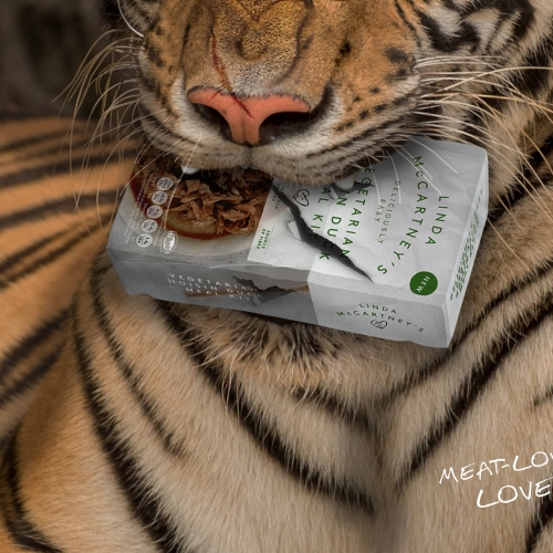 Tiger with a packet of Linda McCartney duck in its jaws