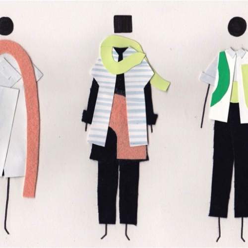 Abstract cut out shapes collage fashion illustrations.