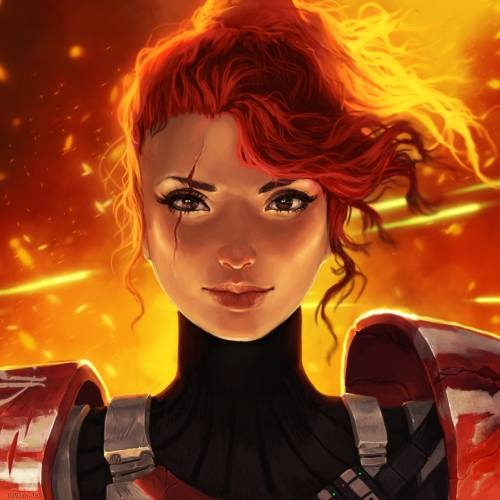 Digital female character with red hair and scar across eye and fire in backrgound.