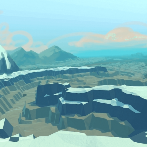 Digital illustration of mountain scene with cloud made with various hues of blue.