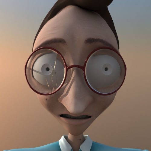 Digital animation of character with large eyes and round red-rimmed glasses.