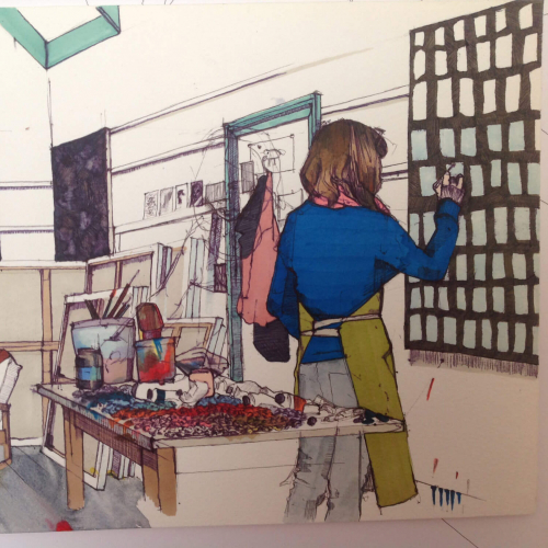 Drawing of artist at work in a studio