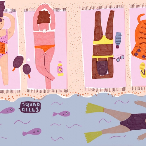 Colourful illustration of women and a dog lying on beach towels at the beach.