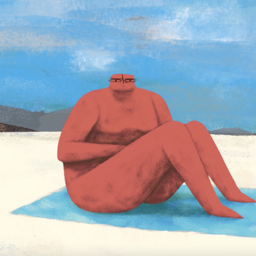 Animation of red figure sitting on a blue towel at the beach