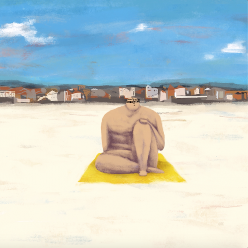 Two figures sitting on towels on the sand