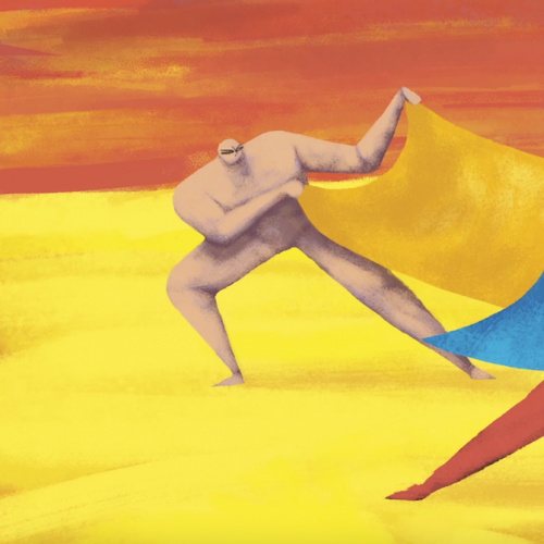 Animation still of two figures holding a large towel
