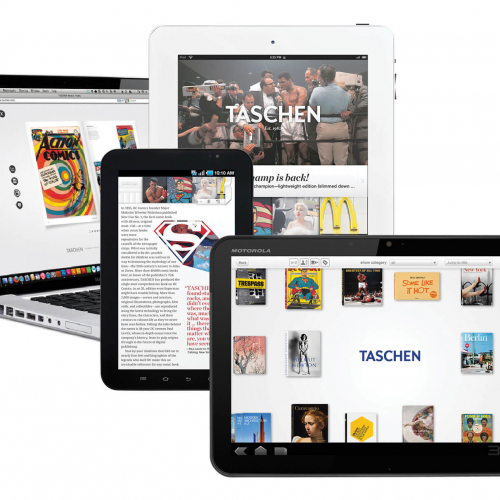 Several digital devices with various imagery on for Taschen.
