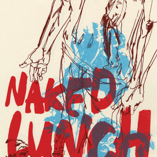 Book cover, brown line drawings of figures overlaid with red text Naked Lunch.