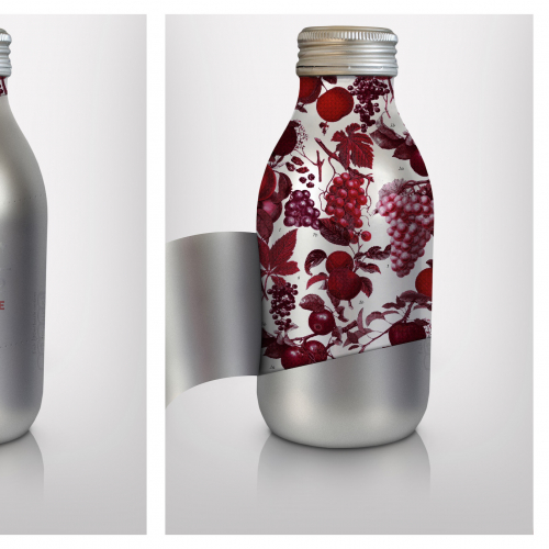 Silver metal bottle peeling back to reveal red coloured berries and fruit and leaves.