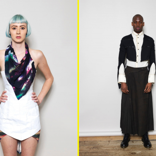 Female model with blue bobbed hair in white minidress and patterned scarf and male model in white shirt, black caped jacket and long skirt.