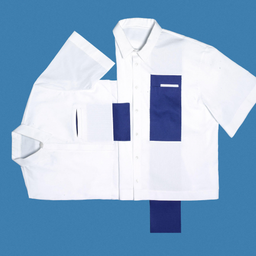 White short sleeve shirt with blue panels